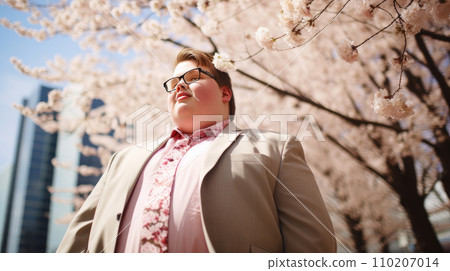 Modern happy young smiling guy man with Down syndrome against the background of blooming pink cherry 110207014