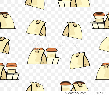Coffee in paper cups and food, seamless vector background and pattern. Drink, hot drink, takeaway, meal and drinking, vector design and illustration Coffee in paper cups and food, seamless vector background and pattern. Drink, hot drink, takeaway, meal and drinking, vector design and illustration 110207033