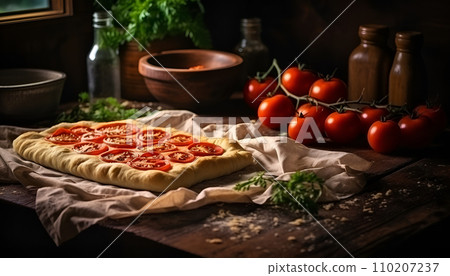 AI-generated content. Cooking baking dough with dried tomatoes. The food in the kitchen is rustic style. 110207237