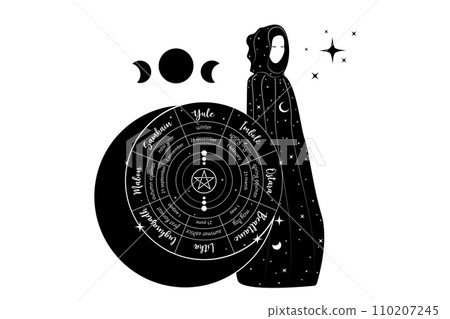 Mystical triple goddess, priestess in wheel of the Year is an annual cycle of seasonal festivals. Wiccan calendar and holidays. Gothic Witch wiccan female sacred design. Vector isolated on white Mystical triple goddess, priestess in wheel of the Year is an annual cycle of seasonal festivals. Wiccan calendar and holidays. Gothic Witch wiccan female sacred design. Vector isolated on white 110207245