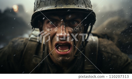 Soldier shouting amidst the chaos of battle. Their face reflects the determination and fearlessness required in the heat of combat, as they communicate commands or rally their comrades. AI Generated 110207313