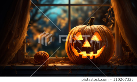 Spooky jack-o-lantern sitting on a windowsill. The eerie glow of the candle inside casts haunting shadows on the surroundings, creating a chilling atmosphere. AI Generated 110207323