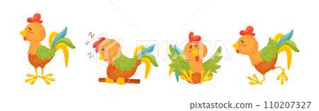Funny Rooster or Cockerel Character in Different Pose Vector Set 110207327