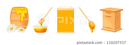 Honey Product with Barrel, Dipper and Honeycomb Vector Set 110207337