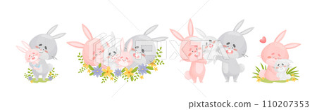 Rabbit Family with Bunny Mom and Dad Loving Their Cub Vector Set 110207353