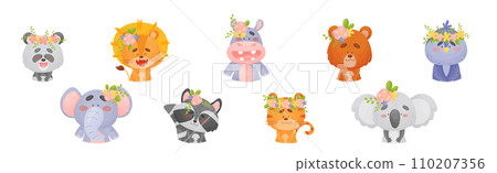 Cute Animals with Flower Wreath and Crowns on Head Vector Set 110207356