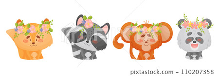 Cute Animals with Flower Wreath and Crowns on Head Vector Set Cute Animals with Flower Wreath and Crowns on Head Vector Set 110207358