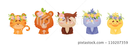 Cute Animals with Flower Wreath and Crowns on Head Vector Set Cute Animals with Flower Wreath and Crowns on Head Vector Set 110207359