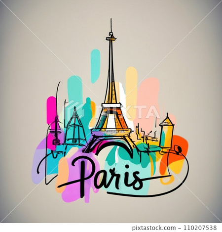Minimalist Continuous Line Drawing of Paris and Eiffel Tower - Unique Typography Art 110207538