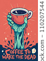 T-Shirt Design: Zombie Hand Rising with Coffee Mug - 'Coffee to Wake the Dead' Typography 110207544