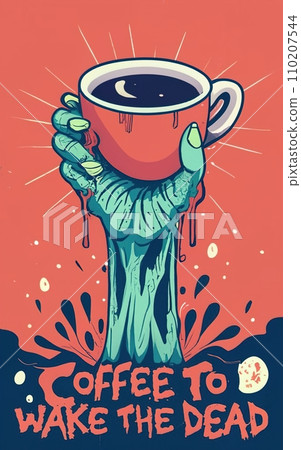 T-Shirt Design: Zombie Hand Rising with Coffee Mug - 'Coffee to Wake the Dead' Typography 110207544