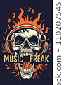 Terrifying Skull with Soul Emerging - 'Music Freak' Text on Black Background - T-Shirt Illustration 110207545