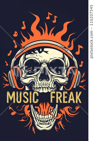 Terrifying Skull with Soul Emerging - 'Music Freak' Text on Black Background - T-Shirt Illustration Terrifying Skull with Soul Emerging - 'Music Freak' Text on Black Background - T-Shirt Illustration 110207545