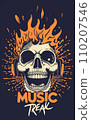 Terrifying Skull with Soul Emerging, 'Music Freak' Text - T-Shirt Illustration on Dark Background 110207546