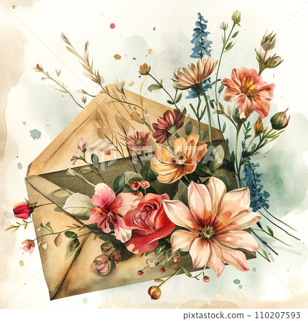 Retro illustration of love envelope with flowers sticking out of it 110207593