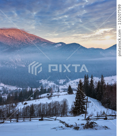 Sunrise winter Carpathian mountain village, Ukraine Sunrise winter Carpathian mountain village, Ukraine 110207599