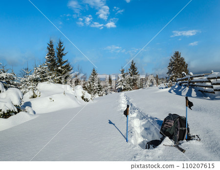 Winter remote alpine village outskirts, snow drifts on mountain fir forest edge. Tourist backpack on a freshly trodden hiking trail path. 110207615
