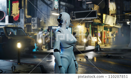 female robot walking along a street in a big city. humanoid AI robot crossing street. 3d render. future automation job. female robot walking along a street in a big city. humanoid AI robot crossing street. 3d render. future automation job. 110207851