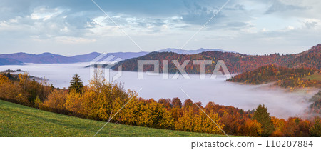 Morning foggy clouds in autumn mountain countryside.  Ukraine, Carpathian Mountains, Transcarpathia. 110207884