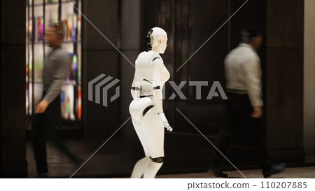female robot walking along a street in a big city. humanoid AI robot crossing street. 3d render. future automation job. 110207885