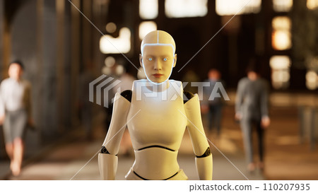 female robot walking along a street in a big city. humanoid AI robot crossing street. 3d render. future automation job. female robot walking along a street in a big city. humanoid AI robot crossing street. 3d render. future automation job. 110207935