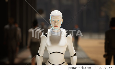female robot walking along a street in a big city. humanoid AI robot crossing street. 3d render. future automation job. female robot walking along a street in a big city. humanoid AI robot crossing street. 3d render. future automation job. 110207936
