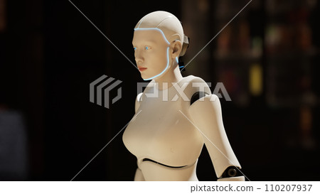 female robot walking along a street in a big city. humanoid AI robot crossing street. 3d render. future automation job. female robot walking along a street in a big city. humanoid AI robot crossing street. 3d render. future automation job. 110207937