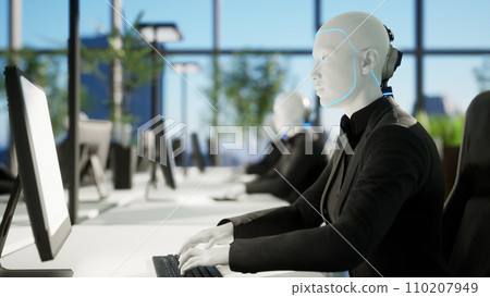 3d render of humanoid robots working in modern office, future concept 3d render of humanoid robots working in modern office, future concept 110207949