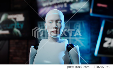 female robot walking along a street in a big city. humanoid AI robot crossing street. 3d render. future automation job. female robot walking along a street in a big city. humanoid AI robot crossing street. 3d render. future automation job. 110207950