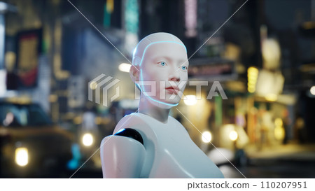 female robot walking along a street in a big city. humanoid AI robot crossing street. 3d render. future automation job. 110207951