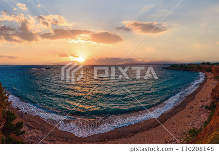 Mytikas Beach sunset panorama (Greece, Lefkada). Mytikas Beach sunset panorama (Greece, Lefkada). 110208148