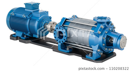 Horizontal multistage centrifugal pump. Electric water pump, 3D rendering Horizontal multistage centrifugal pump. Electric water pump, 3D rendering 110208322