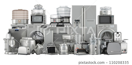 Collection of kitchen appliances, silver metallic colors. 3D rendering Collection of kitchen appliances, silver metallic colors. 3D rendering 110208335