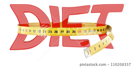 Diet with measure tape around. Dieting and weight loss concept. 3D rendering Diet with measure tape around. Dieting and weight loss concept. 3D rendering 110208337