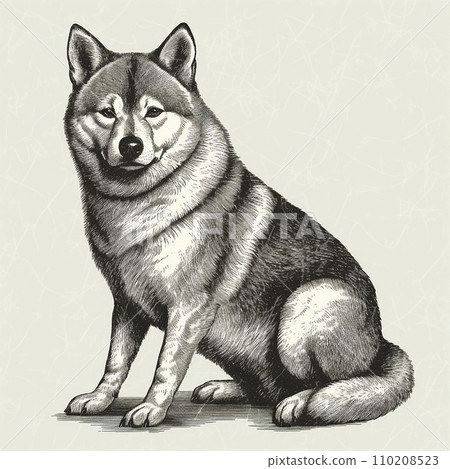 Shiba inu dog engrawing, engraving style, close-up portrait, black and white drawing, cute dog, favorite pet 110208523