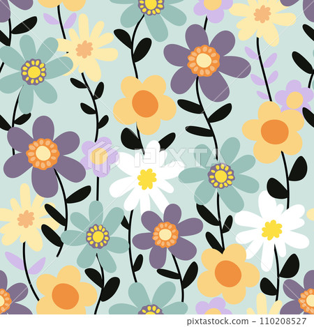 Seamless pattern with flowers on a turquoise background. Vector illustration doodle style.	 110208527