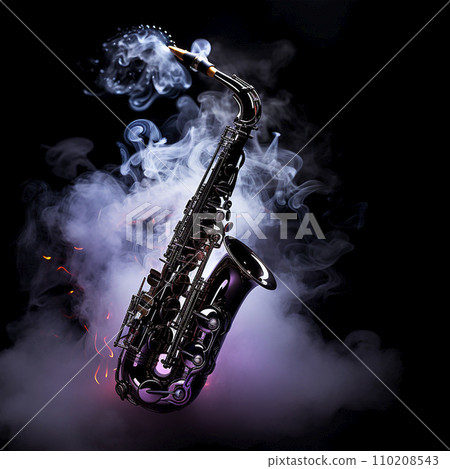 Saxophone in the air on a black background and smoke, classic jazz instrument, background for musical works, albums Saxophone in the air on a black background and smoke, classic jazz instrument, background for musical works, albums 110208543