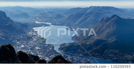 Mountain landscape, picturesque mountain lake in the summer morning, large panorama. Como, Italy 110208565
