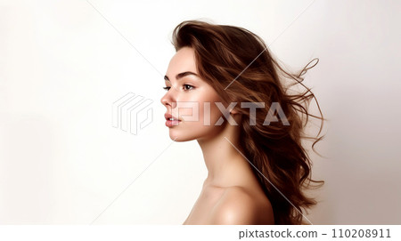 Portrait of a beautiful young woman with long brown hair on a white background. Profile portrait of a sexy young girl with long hair. Portrait of a beautiful young woman with long brown hair on a white background. Profile portrait of a sexy young girl with long hair. 110208911