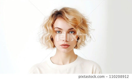Portrait of a beautiful woman with blond hair on a light background. Girl in white t-shirt isolated on white background. 18-20 years old cute European girl with short haircut close-up. Portrait of a beautiful woman with blond hair on a light background. Girl in white t-shirt isolated on white background. 18-20 years old cute European girl with short haircut close-up. 110208912