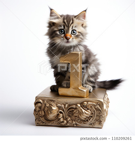 Number 1 and a cute little fluffy kitten close-up on white. Greeting card, anniversary background, holiday wallpaper 110209261