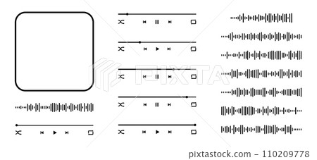 Audio mp3 player interface template and constructor elements with album cover frame, buttons, loading bar and equalizer icons. Music playback design isolated on white background 110209778