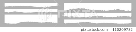 Set of different jagged paper textures. White sheets with torn edges isolated on gray background. Decorative elements for scrapbooking, crafts, vintage products. Vector flat illustration 110209782