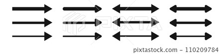 Set of arrow and double arrow icons. Look here symbols. Black horizontal pointer, direction, position, location, reverse or width signs isolated on white background 110209784