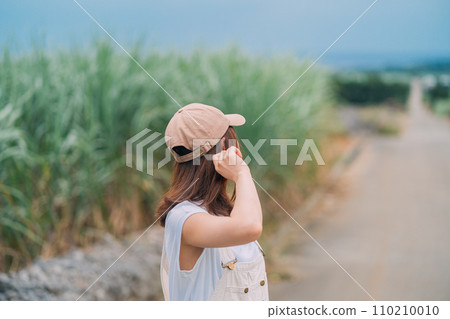A woman walking through a sugar cane field leading to the sea 110210010