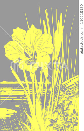 yellow graphic linear drawing of a branch of flowers on a gray background, design 110210120