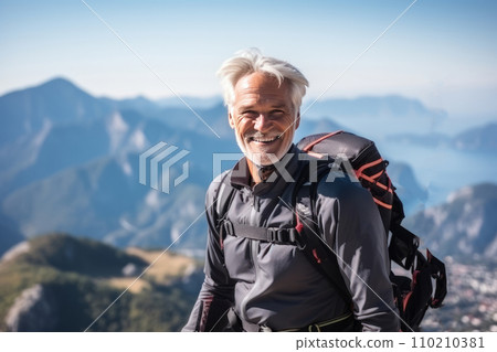 AI-generated content. A man with a backpack on the top of mountain 110210381