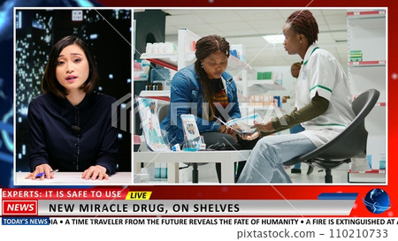 Media journalist does medicine reportage to present new drug treatment innovation on pharmacy shelves. Woman newscaster talking about healthcare pharmaceutical miracle in newsroom. Media journalist does medicine reportage to present new drug treatment innovation on pharmacy shelves. Woman newscaster talking about healthcare pharmaceutical miracle in newsroom. 110210733