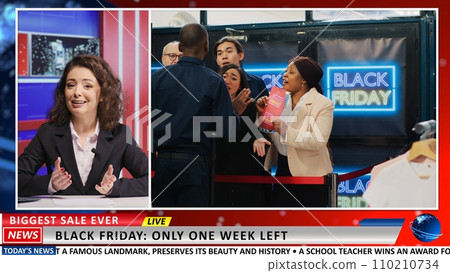 Journalist shows black friday footage to discuss about shopping madness and crisis, presenting half price deals. Woman presenter covering breaking news events on international tv. Journalist shows black friday footage to discuss about shopping madness and crisis, presenting half price deals. Woman presenter covering breaking news events on international tv. 110210734