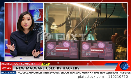 Media presenter addresses hacking attack issues, talking about thieves and malware danger online. Asian journalist presenting criminal activity on internet, international breaking news. 110210750